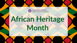 Text reads: African Heritage Month. Background is a kente cloth pattern in red, black, yellow and green.