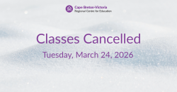 Purple text on snow-covered background reads: “Classes Cancelled. Tuesday, March 24, 2026.”
