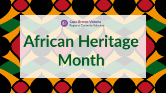 Text reads: African Heritage Month. Background is a kente cloth pattern in red, black, yellow and green.