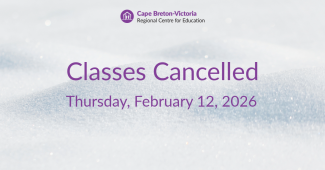 Purple text on snow-covered background reads: “Classes Cancelled. Thursday, February 12, 2026”