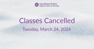 Purple text on snow-covered background reads: “Classes Cancelled. Tuesday, March 24, 2026.”