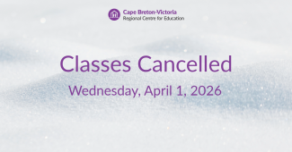 Purple text on snow-covered background reads: “Classes Cancelled. Wednesday, April 1, 2026.”